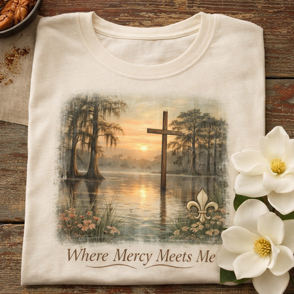 Where Mercy Meets Me Shirt | Christian Easter Shirt | Southern Faith Tee | Bayou Swamp Cross T-Shirt